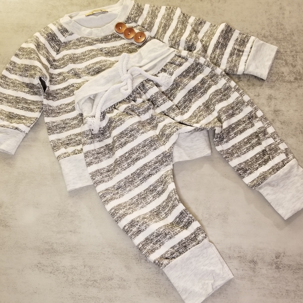 Gray and white striped baby outfit set